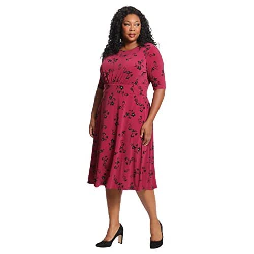 London Times Womens Spaced Clusters Short Sleeve Shirred Waist Flare Dress, Raspberry/Black, 12 Us #TOP4