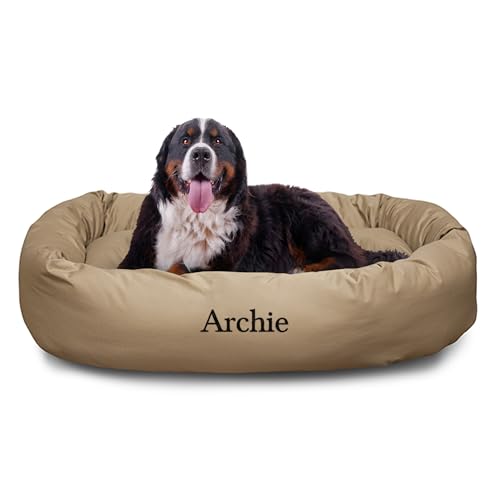 Image of Majestic Pet Personalized 52 Inch Bagel Calming Dog Bed Washable - Cozy Soft Round Dog Bed with Spine Support for Dogs to Rest Their Head - Fluffy Donut Dog Bed 52x35x11 (Inch) - X-Large - Khaki