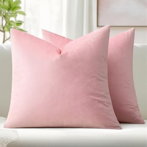 Image of MIULEE Pack of 2 Velvet Pillow Covers Decorative Square Pillowcase Soft Solid Cushion Case for Spring Sofa Bedroom Car 14x14 Inch Bright Pink