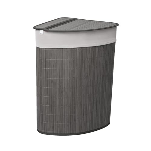 MantraRaj 58L Bamboo Laundry Basket Triangle Foldable Storage Hamper With Removable Cover Laundry Hamper with Lid Washing Clothes Basket Bin With Handle For Bedroom, Bathroom, Laundry (Grey)