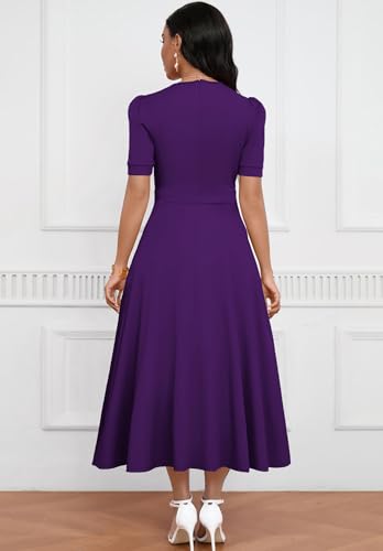 Image of MarryUP Women's Midi Dresses - V Neck Cocktail & Church Tea Dresses - Short Sleeve A-Line Swing Dress