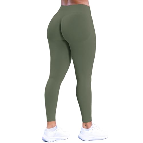 Image of JN JANPRINT Women's Hidden Scrunch Gym Leggings Seamless Butt Lifting High Waist Tummy Control Workout Pants Yoga Sport Tights Olive-Green