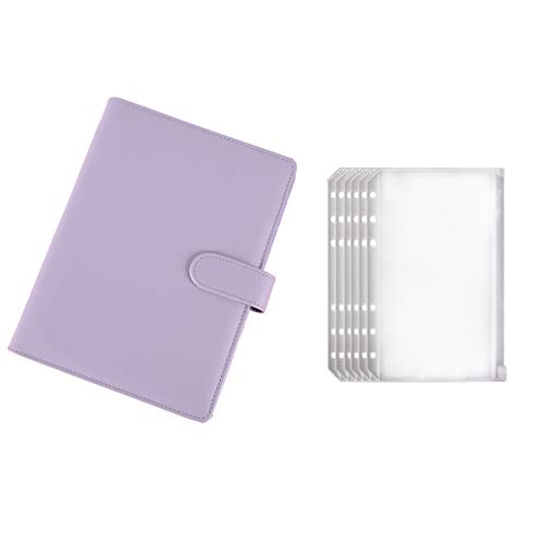 Binder Pockets with Binder Cover, Budget Binder PU Leather Refillable Binder with 12 PCS Zipper Pouches Clear Loose Leaf Bags for Cash Envelopes, Bill, Sticker Organizer(Purple Set)