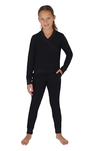 Yogalicious Girls 2 Piece Brushed Crossover Long Sleeve Top and Terry Brushed Inside Jogger Set - Black - Medium