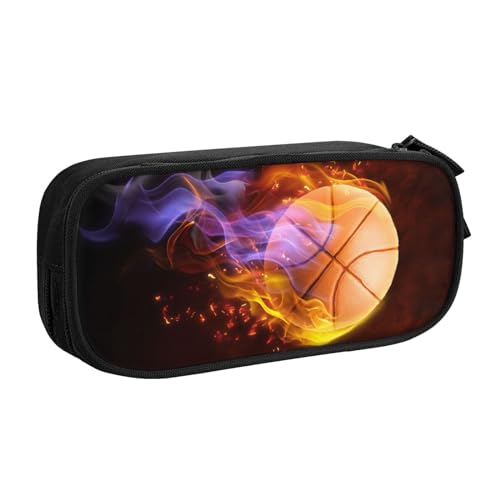 YIJIUWKIS Estuche para lápices con temática deportiva para niños, con estampado de baloncesto de fuego, bolsa negra de gran capacidad, bolsa de papelería con cremallera, caja de almacenamiento