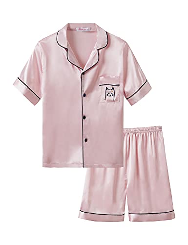 Little & Big Girls Pajama Set Size 10 - Satin Silky Cute Cat Summer Shorts Outfit Pink #TOP24