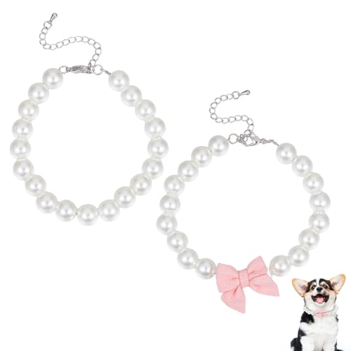 BENECREAT 2 pz 2 stili Collana Collare di Perle per Cani e Gatti,Fiocco di Perle Da 205~210mm, Collari per Animali Domestici con Ciondolo A Fiocco Rosa per La Toelettatura Degli Animali Domestici
