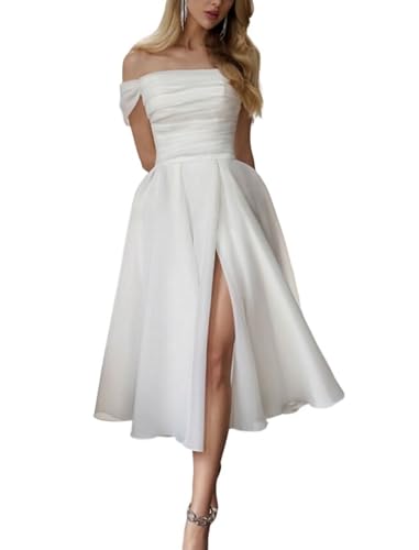 Zymhae Boho White Long Wedding Dresses for Bride Organza Off The Shoulder Lace Up Tea-Length A Line Slit Bridal Dresses for Wedding 2024 US0