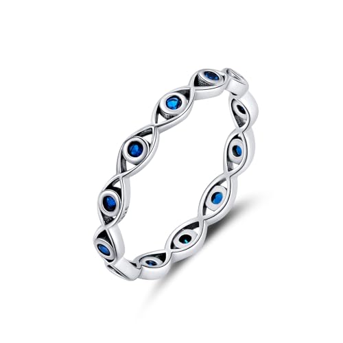 NewL Anillo de plata de ley 925 de 3 mm retro contra el mal de ojo, anillos apilables de eternidad para mujer (azul, 6), Plata