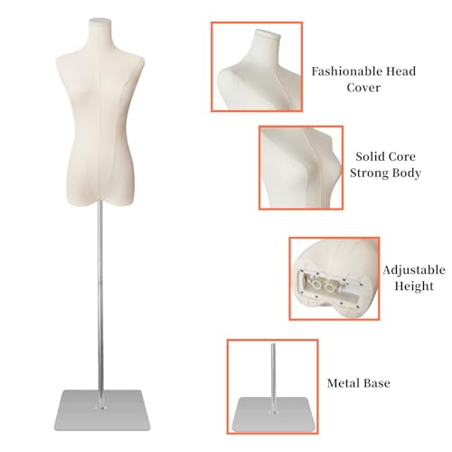EaseHome Dress Form Mannequin Body, 50”-70”Adjustable Height Female Beige Linen Fabric Manikin Torso with Detachable Gold Metal Bracket and Rectangular Base Clothing Forms