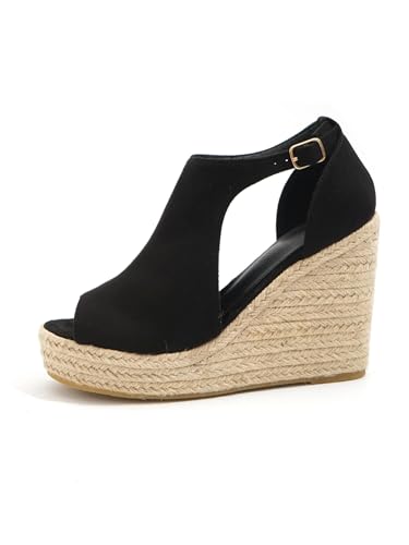 Chic Espadrille Wedge Sandals - Stylish Peep Toe with Cut-Out Detail, Adjustable Buckle Strap, Stiletto Heels, and Comfortable Platform - Perfect Trendy Footwear for Your Summer Holiday 520-13