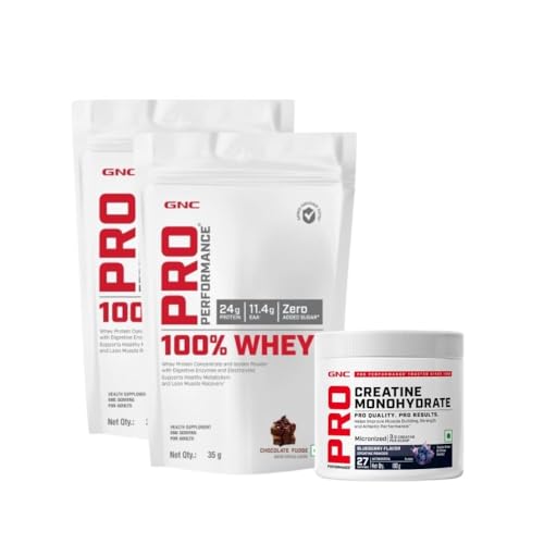 Image of GNC Berry Choco Strength Stack | Whey Protein & Creatine Combo for Muscle Recovery & Workout Performance | Chocolate Fudge + Creamy Strawberry Whey Protein Sachets + Blueberry Creatine Monohydrate