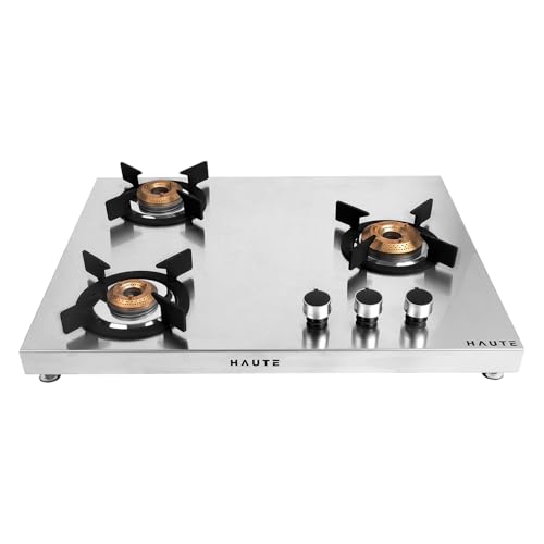 Haute Kitchen Evoque Series 3 Burner Gas Stove | 1mm Stainless Steel Body | 1 Jumbo, 1 Medium & 1...