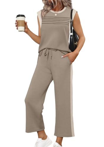 Vacation Outfits for Women 2 Piece Matching Lounge Sweat Sets 2026 Spring Luxury Outfits Workout Comfy Clothes Wide Leg Pants Casual Sweatsuit Summer Clothing Pajamas Airport Color Block Brown L