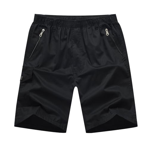 Men's Cotton Full Elastic Waist Cargo Hiking Shorts Relaxed Fit Drawstring Casual Bermuda Short with Zip Pockets