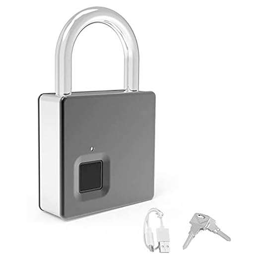 HJJ Bloqueo de Huellas Dactilares Recargable Impermeable IP65 Inteligente, candado antirrobo Libre de código biométrico con Llave y Cable, para Gimnasio Bolsa de escuelas Maleta Equipaje,Plata