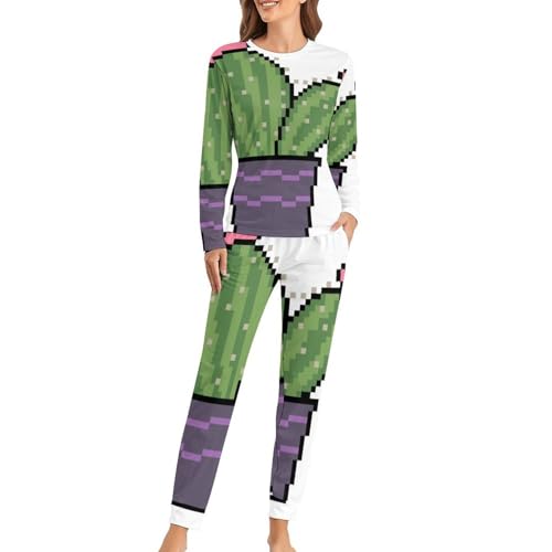 Pyjama femme avec t-shirt manches longues et pantalon imprimé plante pour la nuit