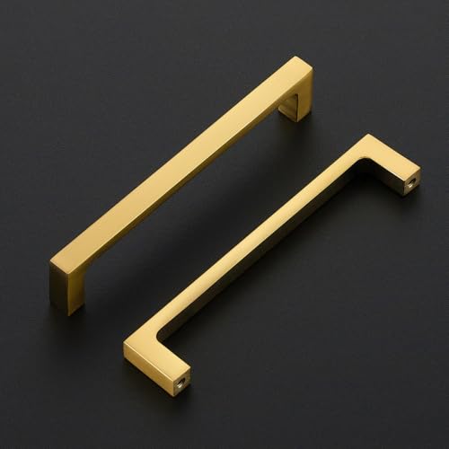 Image of Ravinte Brushed Gold Kitchen Cabinet Solid Handles,5 Inch,10 Pack | Solid Zinc Alloy, Modern Slim Style, Square Design, Deep-Thread Firm Base, Screws Included, for Kitchen Drawers & Cupboards