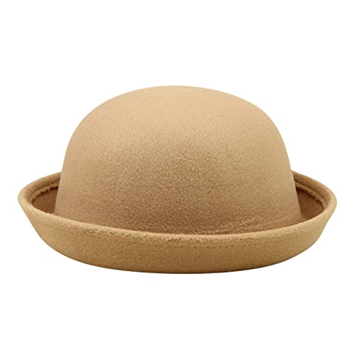 Damen Filz Melone Bowler Hut Eleganter Solider Hut für Erwachsene mit Aufrollbarer Krempe, Panama-Melone, Fischerhut, Herren-Damen, Klassische Wolle, Runde Melone Damenhut Winter