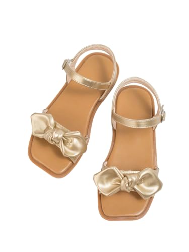 GORGLITTER Girl's Cute Bow Sandals Merallic Open Toe Ankle Strap Slip on Flat Sandals Summer Vacation Shoes