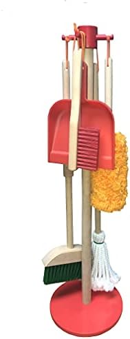 JustForKids Wooden Detachable Kids Cleaning Set - Duster, Brush, Mop, Broom and Hanging Stand Play - Housekeeping Kit - STEM Toys for Toddlers Girls & Boys, Total 6 Pieces,Multi Color,10071