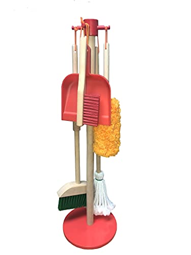 Image of JustForKids Wooden Detachable Kids Cleaning Set - Duster, Brush, Mop, Broom and Hanging Stand Play - Housekeeping Kit - STEM Toys for Toddlers Girls & Boys, Total 6 Pieces,Multi Color,10071