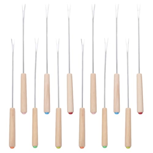 Amosfun Stainless Steel Fondue Forks with Oak Wood Handles 12-Pack Cheese Chocolate Fruit Skewers Heat Resistant Utensils for Hot Pot Party Dining