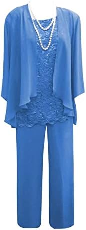 KAJUMI 3 Pieces Plus Size Pant Suits for Women Dressy Blue Lace Appliques Long Gala Pants Suit for Plus Size with Sleeves 22