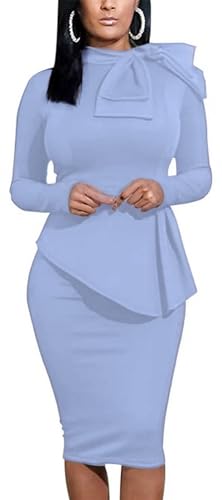 Women's Peplum Bodycon Long Sleeve Wear to Work Dresses Bow Party Club Ruffle Formal Cocktail Pencil Dress