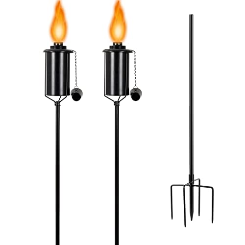 TaoTazon 2 Packs Metal Garden Torches for Outside, 16oz Outdoor Metal Torch, Citronella Torches Lighting with 4-Prong Grounded Stake for Garden Patio Pathway (2 Packs Torch Set)