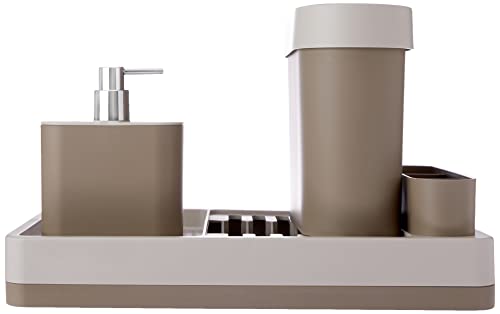 Kit Pia Flat, 3 Peças, Escorredor, Dispenser e Lixeira, Warm Gray e Light Gray, Coza