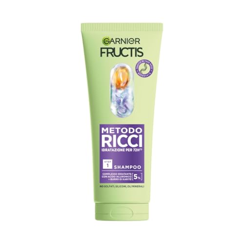 Garnier Fructis Shampoo Idratante, Per Capelli Ricci, Capelli Ricci Definiti e Idratati, Arricchito con Acido Ialuronico e Burro di Karité, Metodo Ricci, 200 ml