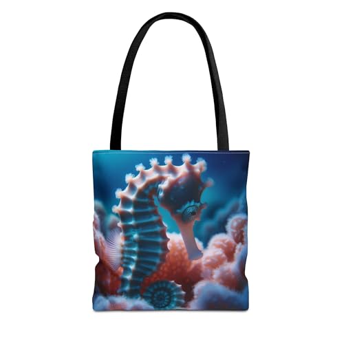 Premium Tote Bag with Reinforced Stitching - Seahorse Resting in a Coral Cradle with Soft Blue Light