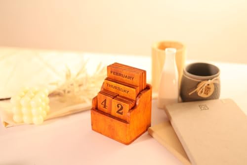 Image of Handmade Wooden Perpetual Desk Calendar | Vintage Wooden Table Calendar for Home & Office Decor (CALENDER 3)