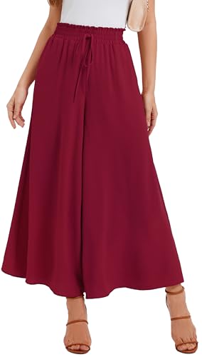 WUWUSKY Damskie Spodnie Letnie Palazzo Z Wysokim Stanem Luźne Szerokie Eleganckie Lekkie Przewiewne Z Kieszeniami Do Codziennego Użytku Pracy I Wakacji, 01 Bordowy, XL