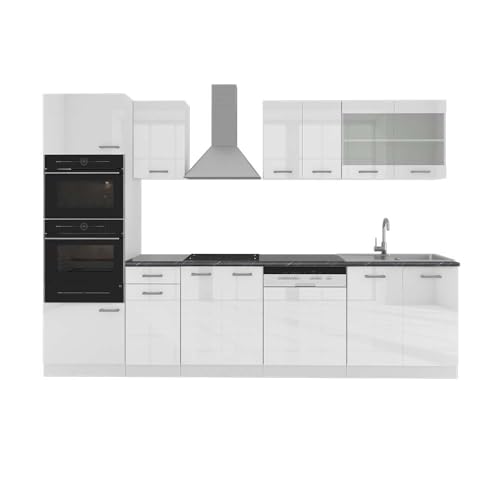 Vicco Mueble De Cocina R-Line, Blanco Alto Brillo, 300 Cm Con Armario Alto, Et Antracita, Con Módulos De Disposición Variable Y Patas Ajustables En Altura