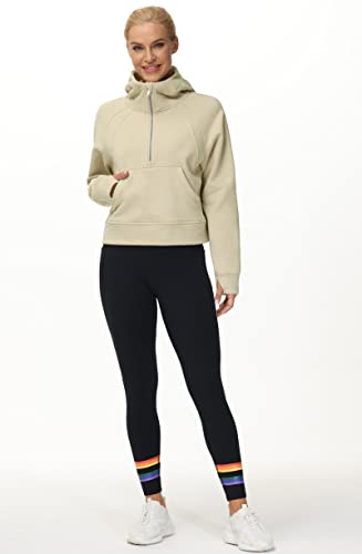 Women’s Hoodies Half Zip Long Sleeve Fleece Crop Pullover Sweatshirts With Pockets Thumb Hole Khaki #TOP5