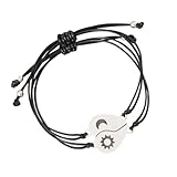 VILLCASE Pulsera de Tejida Cordón Negro Acero Inoxidable Grabado de Luna y Estrella Conjunto de 2 Piezas de Pulseras a Juego para Aniversarios y San Valentín