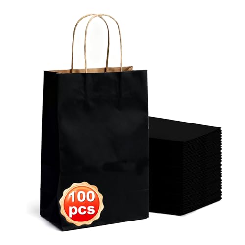 Gaoyong Pack of 100 Gift Bags 21 x 15 x 8 cm, Paper Bags with Handle, Paper Bags for Birthday Party, Christmas, Gift Wrapping, Shopping Bags (Thick 130 gsm)