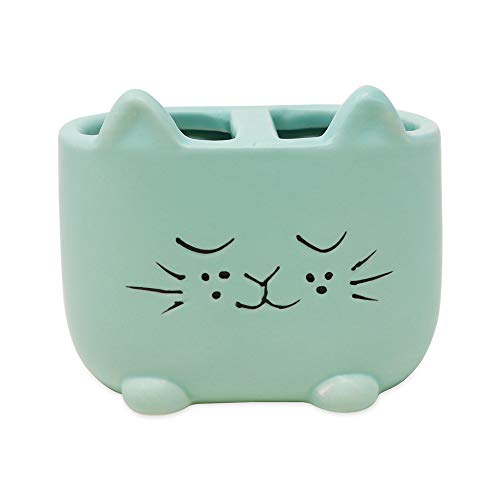 Isaac Jacobs Blue Ceramic Cat Makeup Brush Holder, Multi-Purpose 2-Section Organizer. Bathroom, Kitchen, Bedroom, Office Décor (2-Section Cup, Pastel Blue) #TOP1