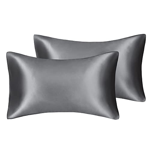 Juwenin Bedding Lot de 2 taies d'oreiller en Satin Soyeux avec Fermeture Éclair Queen(20''x29'') Gris foncé Cover