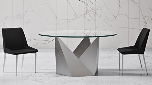 ZURI Furniture Modern Trimont 59\" Round Dining Table - Clear Glass with Brushed Stainless Steel Base