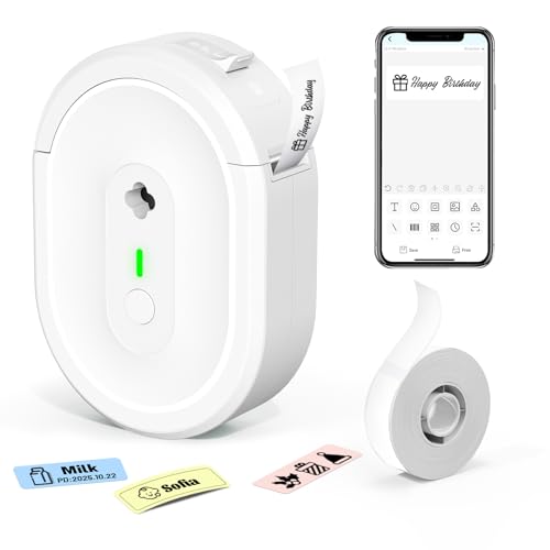 HKHKPI Label Maker Machine with Tape, Small Portable Bluetooth Label Printer, Handheld Mini Labeler for Home, Kitchen, Office, Waterproof Label Makers for Labeling, Gift, Kids School Items, White