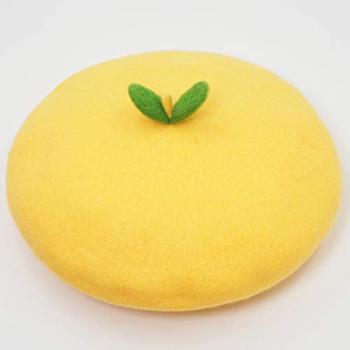 Kawaii Beret Wool Felt Green Leaves Women's Vintage Painter Hat Wool French Beret Lolita Girl Decor (Lemon Yellow) #TOP2
