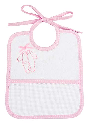 Filet Baby Girls Insert Bib with aida Cloth Pocket to be Embroidered, White and Pink, One Size