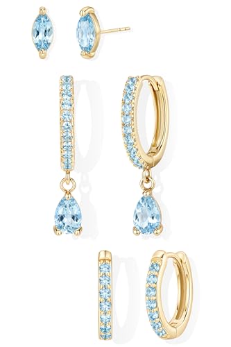 GoldGifts March Birthstone Aquamarine Earrings - Light Blue Jewelry Gift Hypoallergenic 14K Gold Plated Small Huggie Hoop Set for Women Dainty Trendy Stack Dangle Studs for Cartilage Helix
