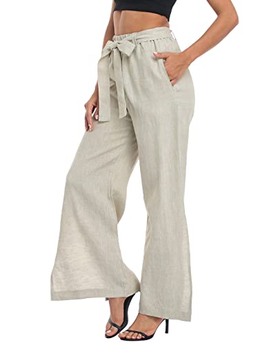 HDE Women's Linen Wide Leg Palazzo Pants Paperbag Flowy Boho Pant with Pockets3