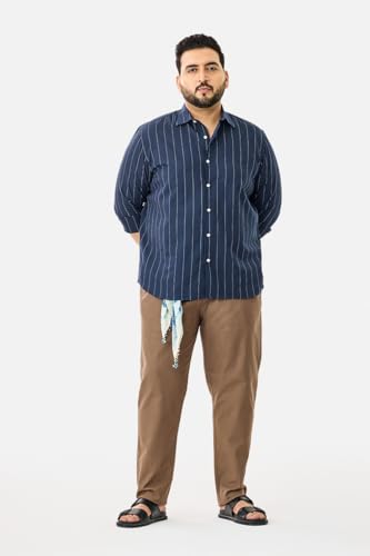 Image of SNITCH Men Casual Plus Size Shirt | Regular Fit Full Sleeve Mandarin Collar Striped Design | Premium Cotton Linen Blend & Breathable Fabric for Office & Everyday Wear