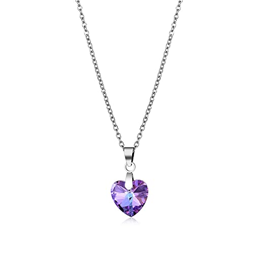 Collier acier inoxydable argenté petit pendentif cristal strass coeur violet héliotrope couleur argent