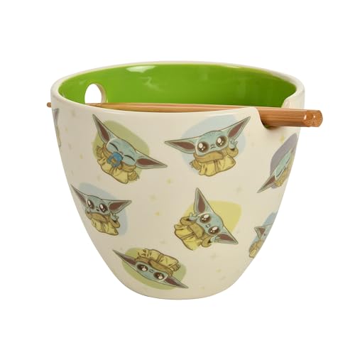 Elbenwald Ramen - Cuenco con palillos de Star Wars The Mandalorian Grogu - Idea de regalo - Cuenco de cerámica - 550 ml - Juego de cuencos de cerámica de bambú - Blanco